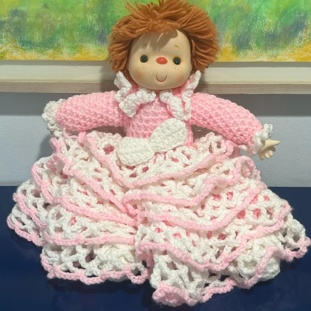 Ice Cream Doll 15” Red Yarn Hair Pink Crochet Ruffle Dress Plastic Vintage 80s